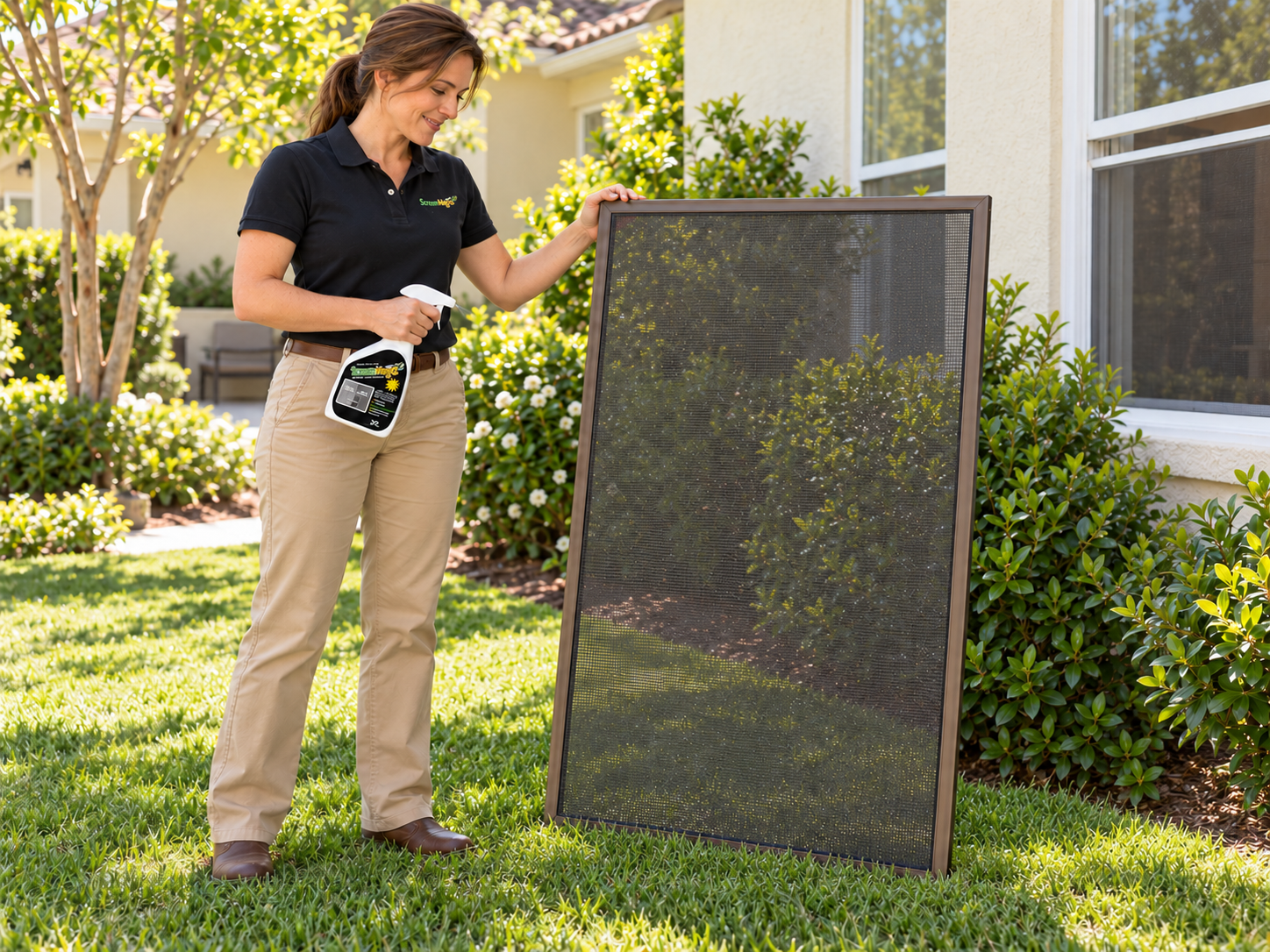 A woman steadies a dry solar screen leaning against a bush on the grass while holding a Screen Magic bottle.